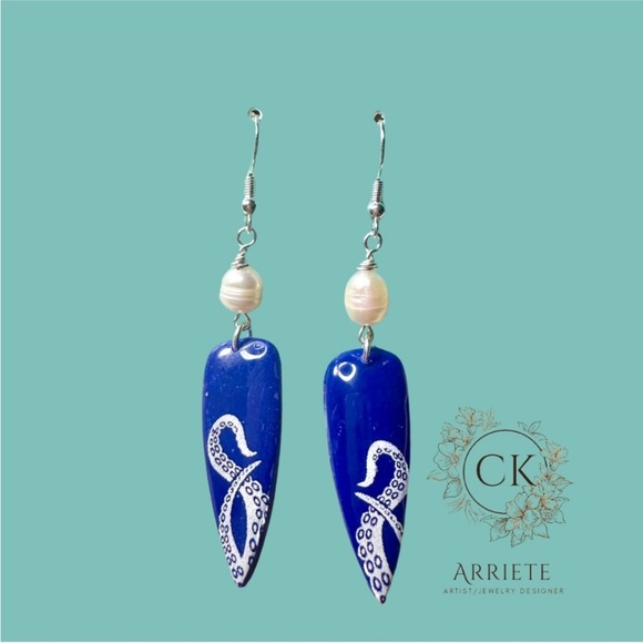 Hand crafted blue and white octopus tentacle polymer clay earrings with pearls - Picture 2 of 2